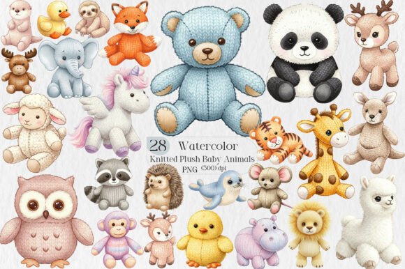 Charming Vintage Knitted Plush Baby Animals PNG for Design