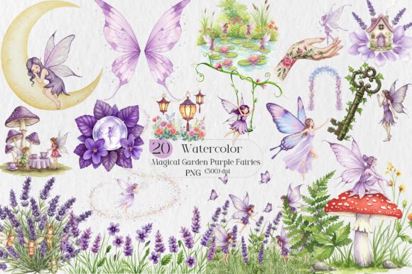 Enchanting Visual Assets: Watercolor Magical Garden Purple Fairies