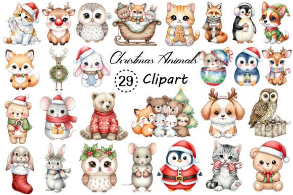 Kawaii Vintage Christmas Animals Clipart