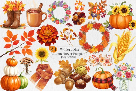 Watercolor Autumn Flower Pumpkin Designs: A Seasonal Design Asset